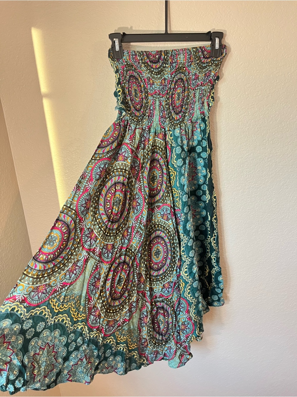 Jane Josef XS Boho Strapless Maxi Dress Teal Paisley Mandala Festival - Picture 2 of 10